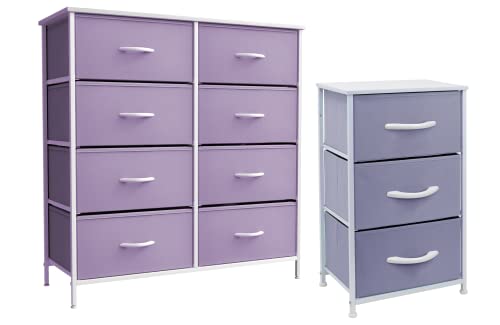 Sorbus Kids Dresser with 8 Drawers and 3 Drawer Nightstand Bundle - Matching Furniture Set - Storage Unit Organizer Chests for Clothing - Bedroom, Kids Rooms, Nursery, & Closet (Purple)