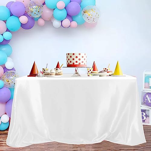 MODFUNS 2 Pack White Satin Party Tablecloth Rectangle 58x108 Inch Bright Silk Table Cloths Satin Table Covers Smooth Fabric Tablecloth Runner Vintage Overlay for Wedding Banquet Birthday Table