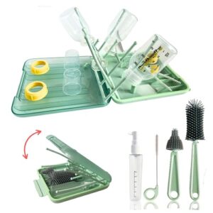 6 in 1 baby bottle cleaning brush set : silicone bottle brush, nipple brush, straw brush, baby bottle drying rack space saving, soap dispenser, & storage box. newborn essentials must haves. green