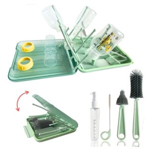 6 in 1 Baby Bottle Cleaning Brush Set : Silicone Bottle Brush, Nipple Brush, Straw Brush, Baby Bottle Drying Rack Space Saving, Soap Dispenser, & Storage Box. Newborn Essentials Must Haves. Green