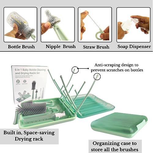 6 in 1 Baby Bottle Cleaning Brush Set : Silicone Bottle Brush, Nipple Brush, Straw Brush, Baby Bottle Drying Rack Space Saving, Soap Dispenser, & Storage Box. Newborn Essentials Must Haves. Green