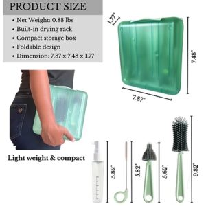 6 in 1 Baby Bottle Cleaning Brush Set : Silicone Bottle Brush, Nipple Brush, Straw Brush, Baby Bottle Drying Rack Space Saving, Soap Dispenser, & Storage Box. Newborn Essentials Must Haves. Green