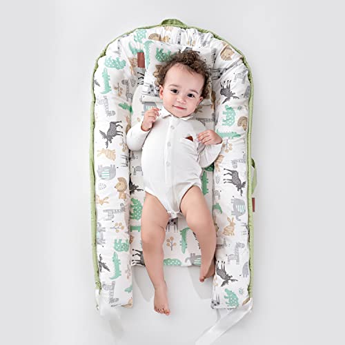 Baby Nest Set Comes with Blanket and Pillow, Newborn, Breathable Cotton Lounger 0 to 24 Months, Adjustable, Snuggle Nest Sleeper, Perfect CoSleeper in Bed,for Boys Girls (Green)