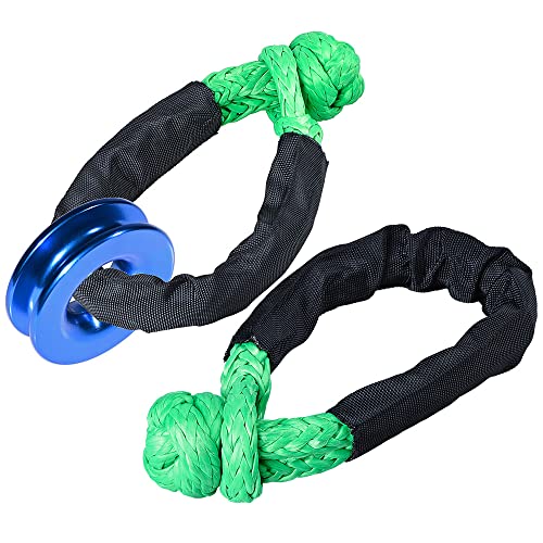 Astra Depot Winch Recovery Snatch Ring 41000lbs & 1/2" Protective Sleeves Soft Shackle for Towing Straps ATV UTV Truck 4WD Off-Road (Set, 2 Green Shackle&1 Blue Ring)