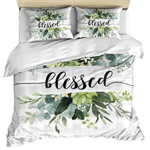 eucalyptus leaves duvet cover full size, green plant spring bless farm grey plaid comforter cover with zipper closure, 3 piece bedding sets 1 duvet cover 86x86 inches and 2 pillow shams