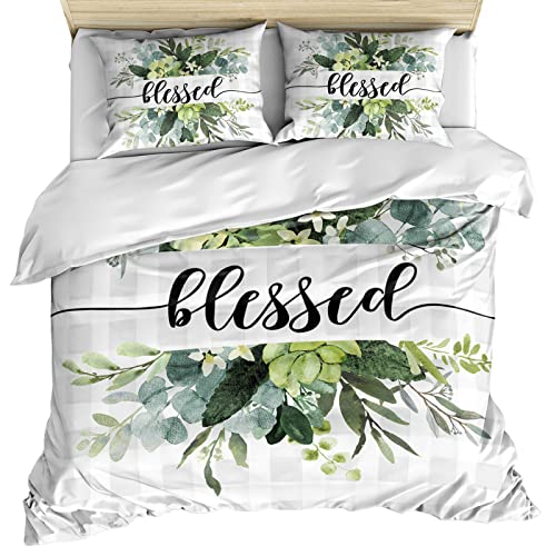 Eucalyptus Leaves Duvet Cover Full Size, Green Plant Spring Bless Farm Grey Plaid Comforter Cover with Zipper Closure, 3 Piece Bedding Sets 1 Duvet Cover 86x86 Inches and 2 Pillow Shams