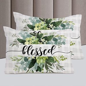 Eucalyptus Leaves Duvet Cover Full Size, Green Plant Spring Bless Farm Grey Plaid Comforter Cover with Zipper Closure, 3 Piece Bedding Sets 1 Duvet Cover 86x86 Inches and 2 Pillow Shams