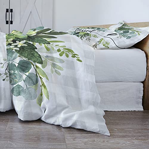 Eucalyptus Leaves Duvet Cover Full Size, Green Plant Spring Bless Farm Grey Plaid Comforter Cover with Zipper Closure, 3 Piece Bedding Sets 1 Duvet Cover 86x86 Inches and 2 Pillow Shams