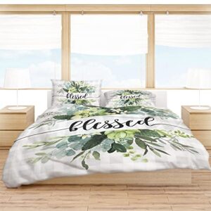 Eucalyptus Leaves Duvet Cover Full Size, Green Plant Spring Bless Farm Grey Plaid Comforter Cover with Zipper Closure, 3 Piece Bedding Sets 1 Duvet Cover 86x86 Inches and 2 Pillow Shams
