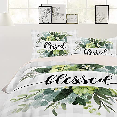 Eucalyptus Leaves Duvet Cover Full Size, Green Plant Spring Bless Farm Grey Plaid Comforter Cover with Zipper Closure, 3 Piece Bedding Sets 1 Duvet Cover 86x86 Inches and 2 Pillow Shams