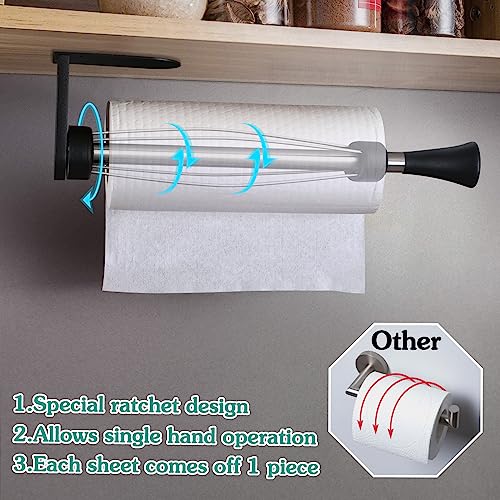 RQYIXI Paper Towel Holder Under Cabinet One Hand Operable Wall Mount Stainless Steel Paper Towel Holder with Damping Effect Bend-Resistant Drilled for Kitchen Bathroom Garage RV, Black