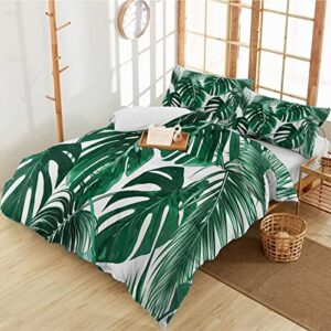 segard duvet cover set 3 pieces queen bedding sets jungle green leaves white soft luxury comforter cover with pillowcases microfiber bedroom quilt covers-zipper closure watercolor palm tree leaf