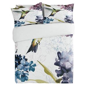 Duvet Cover Set 3 Pieces Queen Bedding Sets Hummingbird Hydrangea White Back Soft Luxury Comforter Cover with Pillowcases Microfiber Bedroom Quilt Covers-Zipper Closure Summer Bird Gradient Leaves