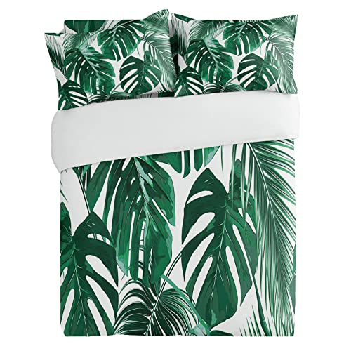 Segard Duvet Cover Set 3 Pieces Queen Bedding Sets Jungle Green Leaves White Soft Luxury Comforter Cover with Pillowcases Microfiber Bedroom Quilt Covers-Zipper Closure Watercolor Palm Tree Leaf