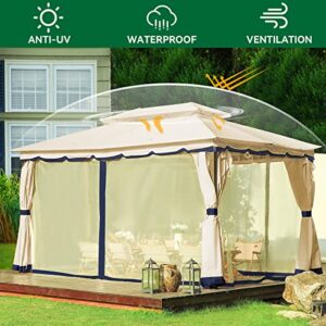 MEWAY Patio Gazebo 10x13 Gazebo with Mosquito Netting Aluminum Outdoor Gazebo Canopy with Curtains for Backyard Lawn Garden Deck, Beige Navy