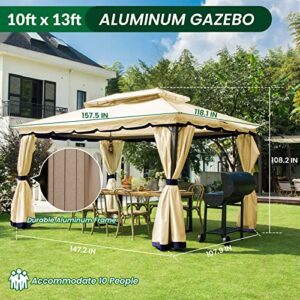 MEWAY Patio Gazebo 10x13 Gazebo with Mosquito Netting Aluminum Outdoor Gazebo Canopy with Curtains for Backyard Lawn Garden Deck, Beige Navy