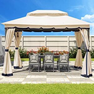 MEWAY Patio Gazebo 10x13 Gazebo with Mosquito Netting Aluminum Outdoor Gazebo Canopy with Curtains for Backyard Lawn Garden Deck, Beige Navy