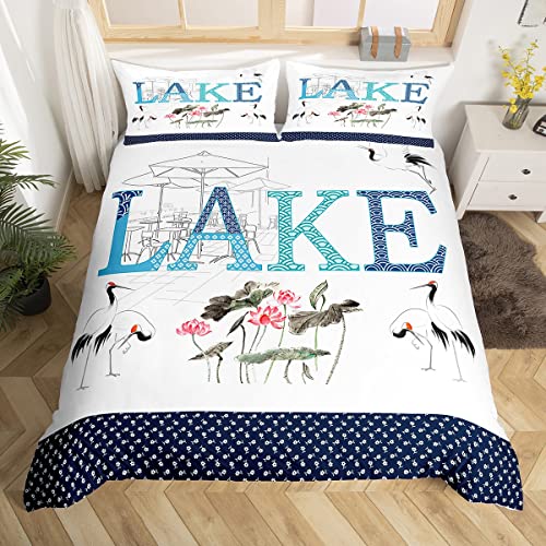 Castle Fairy Lake Life Bedding Set Queen Size,Lotus Flowers Red-Crowned Crane Birds Duvet Cover Set for Children Adult,Chinese Style Painting Soft Comforter Cover for Dorm Room, Zipper, Ties