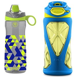 pogo bpa-free tritan kids water bottle with silicone soft straw, grey geode & zulu torque 16oz plastic kids water bottle with silicone sleeve and leak-proof locking flip lid and soft touch carry loop