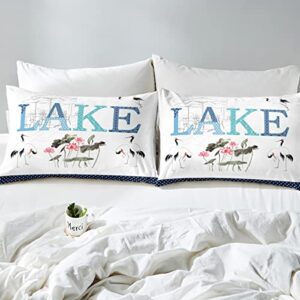 Castle Fairy Lake Life Bedding Set Queen Size,Lotus Flowers Red-Crowned Crane Birds Duvet Cover Set for Children Adult,Chinese Style Painting Soft Comforter Cover for Dorm Room, Zipper, Ties