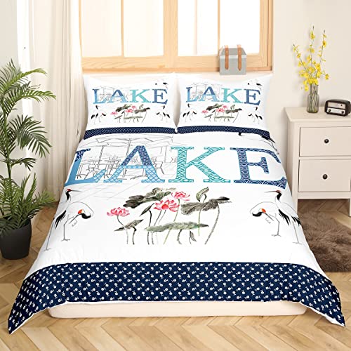 Castle Fairy Lake Life Bedding Set Queen Size,Lotus Flowers Red-Crowned Crane Birds Duvet Cover Set for Children Adult,Chinese Style Painting Soft Comforter Cover for Dorm Room, Zipper, Ties