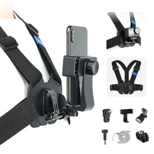 adaptom telesin quick release chest strap mount, mobile phone adjustable chest mount harness for gopro camera, action camera, iphone 13 12 11 pro,vlog/pov black