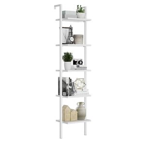 numenn industrial ladder shelf, 5 tier book shelf, open space wall mount bookshelf with metal frame, sturdy book shelves, bookcase for living room, home office shelf, white