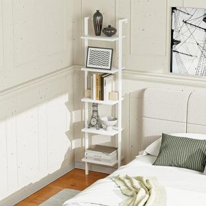 NUMENN Industrial Ladder Shelf, 5 Tier Book Shelf, Open Space Wall Mount Bookshelf with Metal Frame, Sturdy Book Shelves, Bookcase for Living Room, Home Office Shelf, White