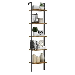 numenn industrial ladder shelf, 5 tier book shelf, open space wall mount bookshelf with metal frame, sturdy book shelves, bookcase for living room, home office shelf, vintage brown