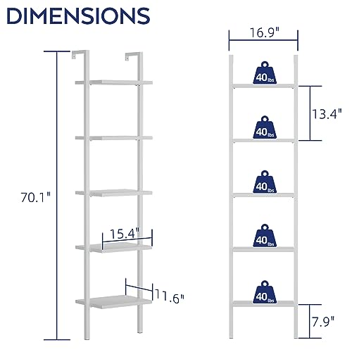 NUMENN Industrial Ladder Shelf, 5 Tier Book Shelf, Open Space Wall Mount Bookshelf with Metal Frame, Sturdy Book Shelves, Bookcase for Living Room, Home Office Shelf, White