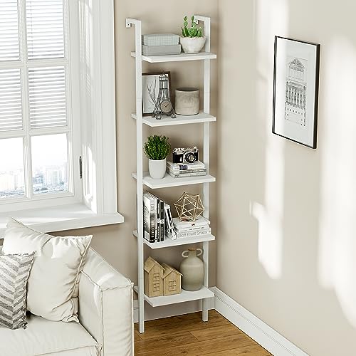 NUMENN Industrial Ladder Shelf, 5 Tier Book Shelf, Open Space Wall Mount Bookshelf with Metal Frame, Sturdy Book Shelves, Bookcase for Living Room, Home Office Shelf, White