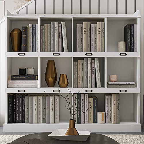 PKUGU White Bookshelves, 10-Grid Floor Standing Storage Shelves, 3-Tier Bookshelf with Storage, Vertical Cabinet Bookcase, Modern Open Bookshelf, Bookcases for Bedroom Study Living Room