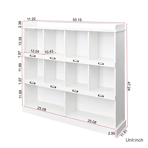 PKUGU White Bookshelves, 10-Grid Floor Standing Storage Shelves, 3-Tier Bookshelf with Storage, Vertical Cabinet Bookcase, Modern Open Bookshelf, Bookcases for Bedroom Study Living Room