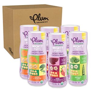 plum organics mighty puffs snack for babies - variety pack - (pack of 6) 1.85 oz - includes carrot & broccoli, beet & strawberry, and spinach & pea flavors - ancient grain & chickpea snacks