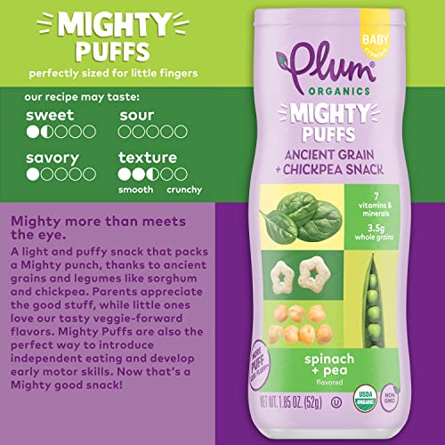 Plum Organics Mighty Puffs Snack For Babies - Variety Pack - (Pack of 6) 1.85 oz - Includes Carrot & Broccoli, Beet & Strawberry, and Spinach & Pea Flavors - Ancient Grain & Chickpea Snacks