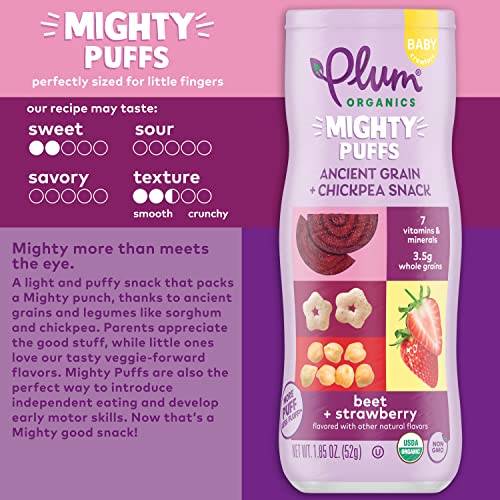 Plum Organics Mighty Puffs Snack For Babies - Variety Pack - (Pack of 6) 1.85 oz - Includes Carrot & Broccoli, Beet & Strawberry, and Spinach & Pea Flavors - Ancient Grain & Chickpea Snacks