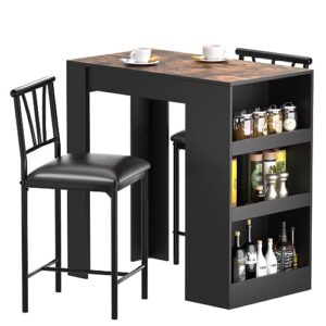 vecelo small bar table and chairs tall kitchen breakfast nook with stools/dining set for 2, storage shelves, space-saving, black