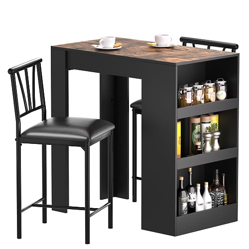 VECELO Small Bar Table and Chairs Tall Kitchen Breakfast Nook with Stools/Dining Set for 2, Storage Shelves, Space-Saving, Black