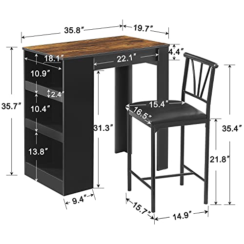 VECELO Small Bar Table and Chairs Tall Kitchen Breakfast Nook with Stools/Dining Set for 2, Storage Shelves, Space-Saving, Black