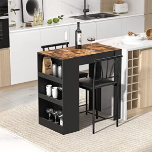 VECELO Small Bar Table and Chairs Tall Kitchen Breakfast Nook with Stools/Dining Set for 2, Storage Shelves, Space-Saving, Black