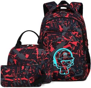 ledaou backpack for teen boys school bags kids bookbags set school backpack with lunch box and pencil case (graffiti red)