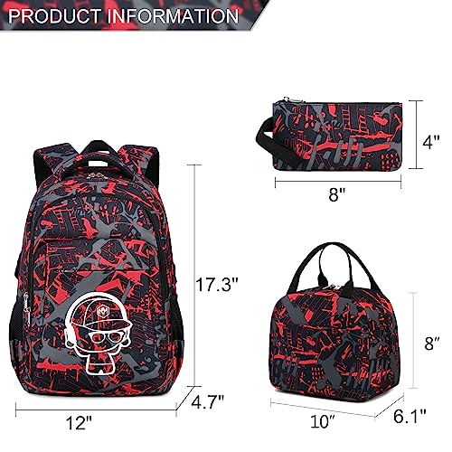 LEDAOU Backpack for Teen Boys School Bags Kids Bookbags Set School Backpack with Lunch Box and Pencil Case (Graffiti Red)