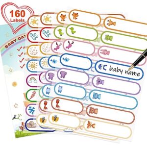 160 pcs baby bottle labels for daycare, waterproof write-on kids name labels, self-laminating self-adhesive bottle strickers for daycare school, assorted sizes & colors