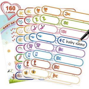 160 PCS Baby Bottle Labels for Daycare, Waterproof Write-On Kids Name Labels, Self-Laminating Self-Adhesive Bottle Strickers for Daycare School, Assorted Sizes & Colors