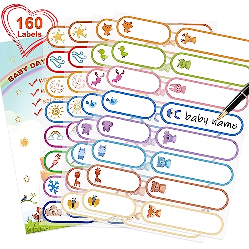 160 PCS Baby Bottle Labels for Daycare, Waterproof Write-On Kids Name Labels, Self-Laminating Self-Adhesive Bottle Strickers for Daycare School, Assorted Sizes & Colors
