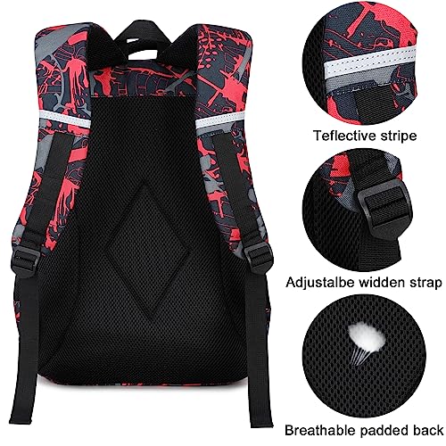 LEDAOU Backpack for Teen Boys School Bags Kids Bookbags Set School Backpack with Lunch Box and Pencil Case (Graffiti Red)