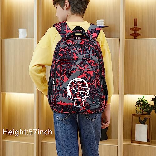 LEDAOU Backpack for Teen Boys School Bags Kids Bookbags Set School Backpack with Lunch Box and Pencil Case (Graffiti Red)