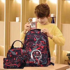 LEDAOU Backpack for Teen Boys School Bags Kids Bookbags Set School Backpack with Lunch Box and Pencil Case (Graffiti Red)