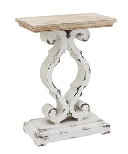 french country accent wood rectangle end table, farmhouse rustic wood side table with natural wood top and distressed white carved base, vintage table for slim spaces, 19.75 x 11.75 x 27.5 inches