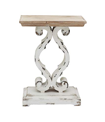 French Country Accent Wood Rectangle End Table, Farmhouse Rustic Wood Side Table with Natural Wood Top and Distressed White Carved Base, Vintage Table for Slim Spaces, 19.75 x 11.75 x 27.5 Inches